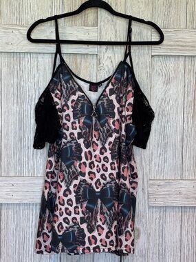 Rebel Raven Cream/Black Leopard Print Cold-Shoulder Top w/Black Bows Sz 2X